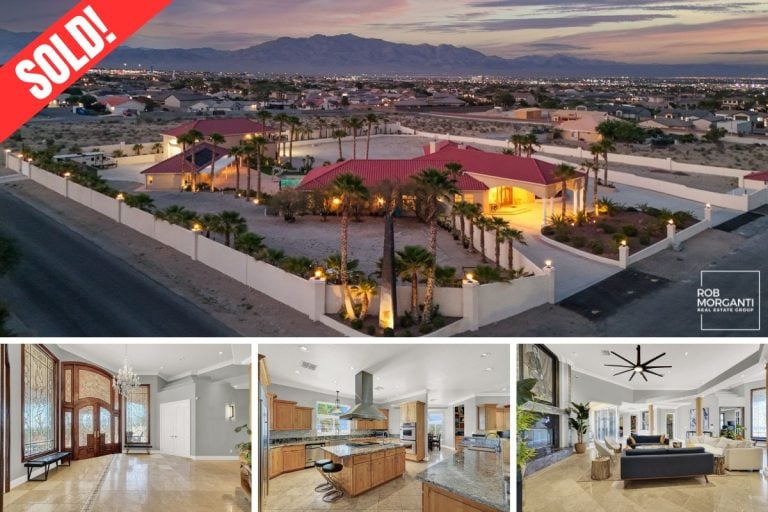 Just Sold 10280 West La Mancha Avenue. Aerial view of custom luxury estate at 10280 West La Mancha Avenue, Las Vegas at sunset, showing red tile roof and private 2-acre lot.